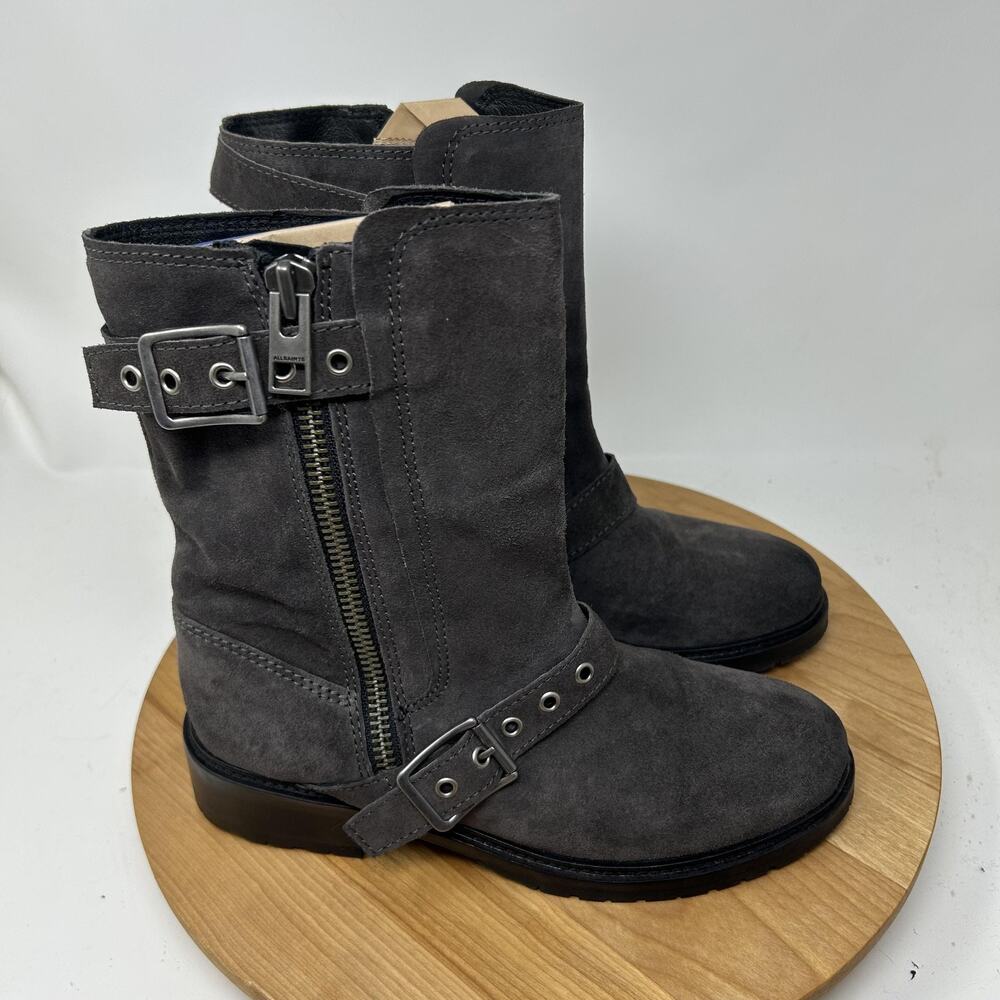 AllSaints Boots Womens 9 Suede Moto Zip Buckle Biker Gray Grunge Dark Academia